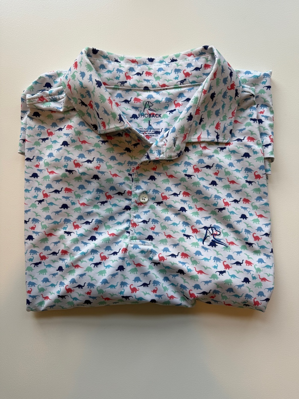 Rhoback White Polo with Multicolor Dinosaur Print